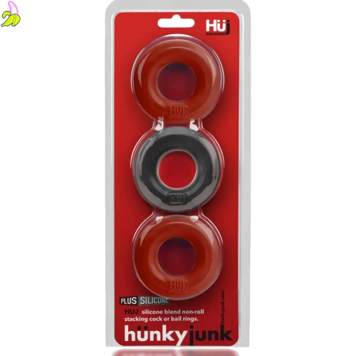 Hünkyjunk Cockring 3-Pack - Cherry + Tar Ice 3-pak pierścieni erekcyjnych