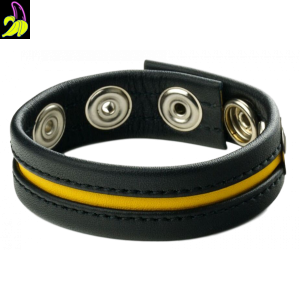Prowler Red cockring skórzany pierścień erekcyjny - czarny z żółtym paskiem- 3 zatrzaski