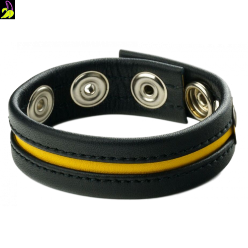 Prowler Red cockring skórzany pierścień erekcyjny - czarny z żółtym paskiem- 3 zatrzaski
