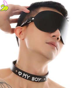 Komplet Skórzana Opaska na Oczy + obroża z cyrkoniami Kinky Puppy