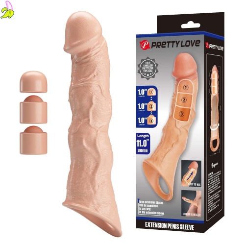 Realistyczna nakładka na penisa Pretty Love 28 cm z 3 modułowymi wkładkami regulującymi długość.