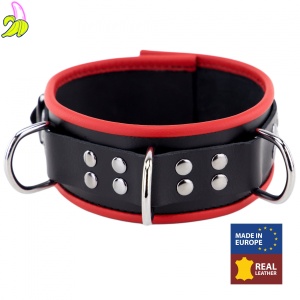 Skórzana obroża BDSM z 3 czerwonymi D-ringami – The Red