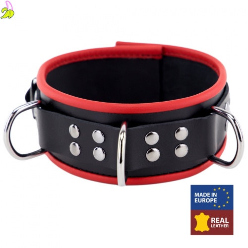 Skórzana obroża BDSM z 3 czerwonymi D-ringami – The Red