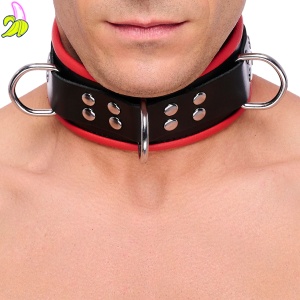 Skórzana obroża BDSM z 3 czerwonymi D-ringami – The Red